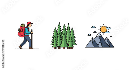 Outdoor adventure icons: backpacking, forest, and mountain in flat style