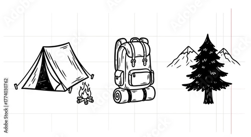 Camping essentials: tent, backpack, and nature in hand drawn style