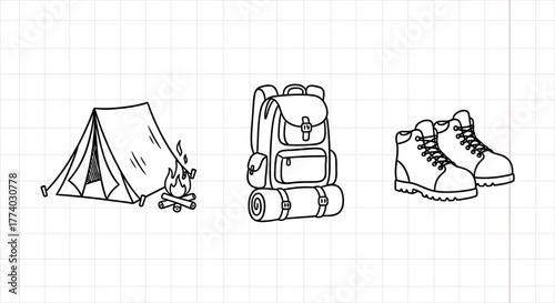 Camping essentials: tent, backpack, and boots in simple line art