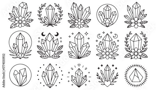 Bohemian spiritual crystal and botanical vector illustrations for healing, energy, and decorative artworks