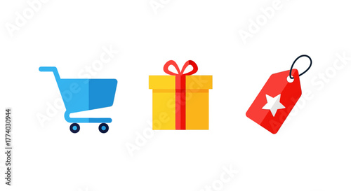 Shopping icons: cart, gift box, and discount tag for online retail