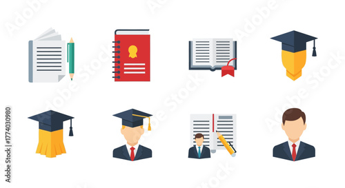Education icons set with graduation cap, book, and diploma