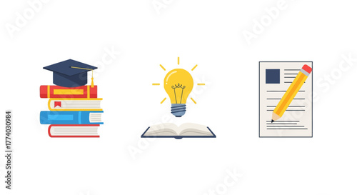 Educational icons: graduation cap, light bulb, and resume with pencil