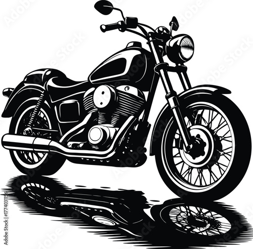 Black and white illustration of a classic cruiser motorcycle