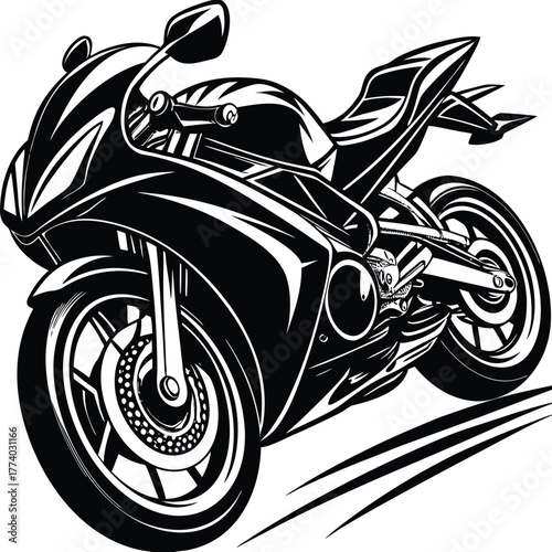 Black and white illustration of a modern sport motorcycle