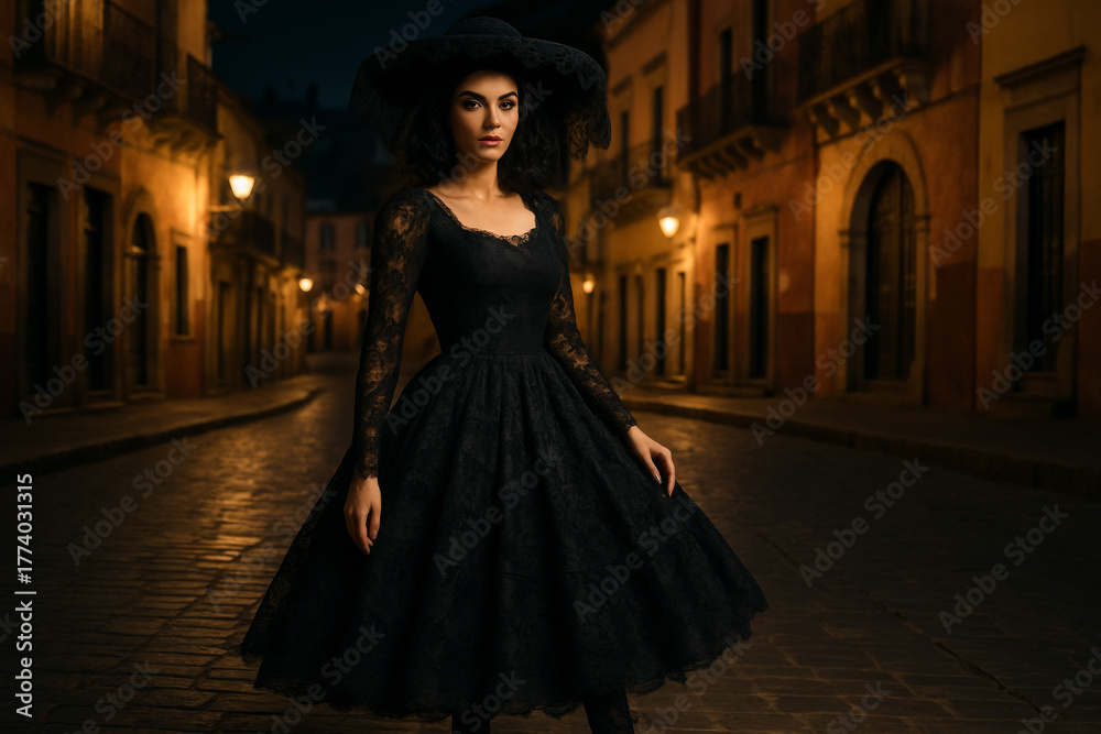 Fototapeta premium Elegant Catrina woman on the colonial streets of Guanajuato at night, inspired by Mexico’s Day of the Dead /Mujer Catrina elegante en las calles coloniales de Guanajuato
