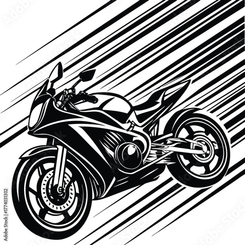 Black and white illustration of a sport motorcycle with speed lines