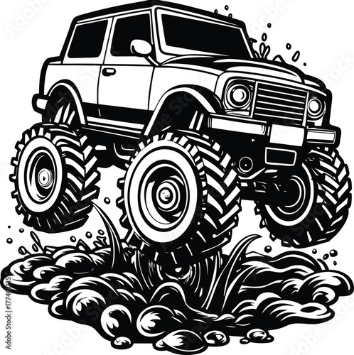 Black and white monster truck jumping over mud off road