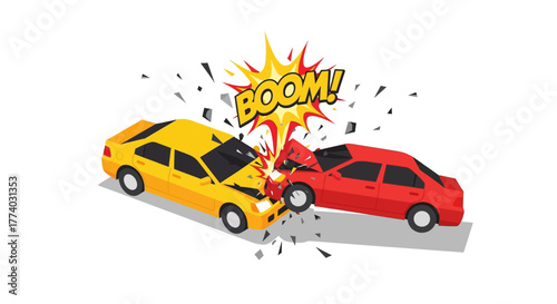 Isometric car crash with comic style explosion effect