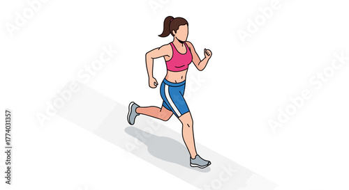 Isometric female runner in motion on white background