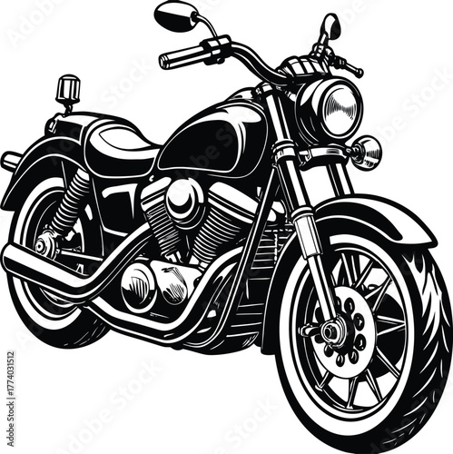 Black and White Motorcycle Illustration with Chrome Details
