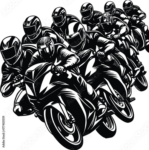 Black and White Motorcycle Race Group Illustration