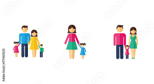 Flat style family icons with colorful outfits depicting different parenthood scenarios