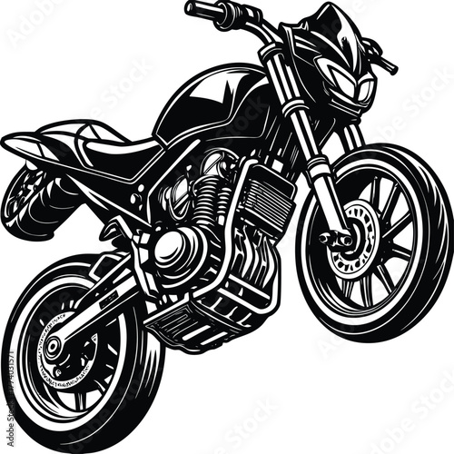 Black and White Motorcycle with Detailed Engine and Wheels Keywords: motorcycle, motorbike