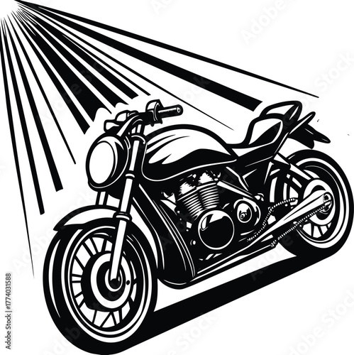 Black and white motorcycle with stylized sun rays bike