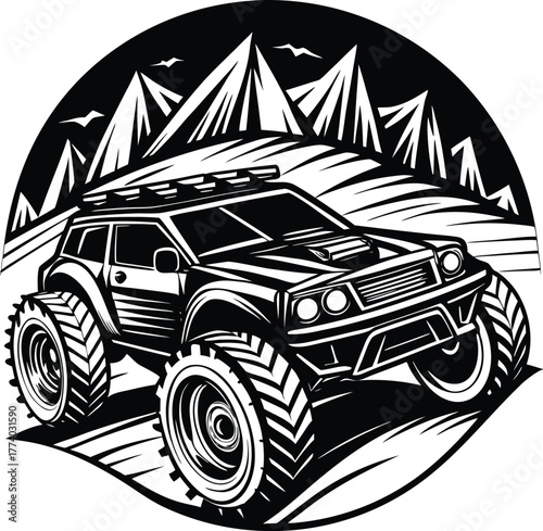 Black and white off-road vehicle in mountainous landscape