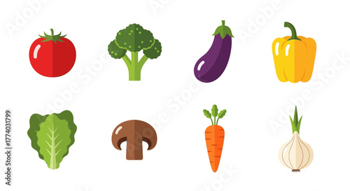 Colorful flat icons of fresh vegetables for healthy cooking concepts