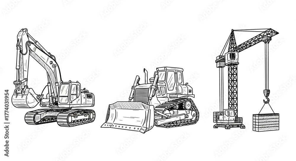 Fototapeta premium Heavy construction equipment set: excavator, bulldozer, tower crane in detailed sketch art