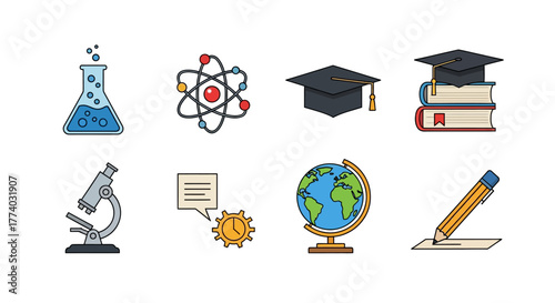 Colorful educational icons with graduation cap, microscope, and globe