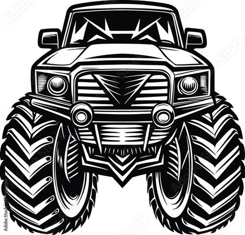 Front view of a menacing monster truck in black and white