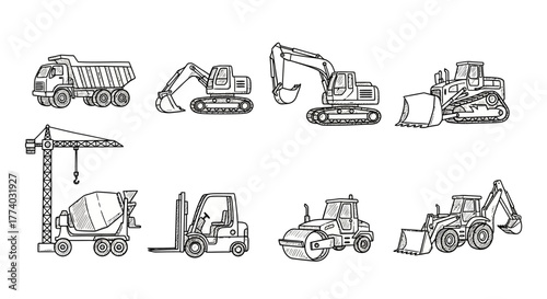 Heavy construction vehicles in linear style: excavator, bulldozer, crane, and more