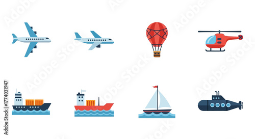 Colorful icon set of air and sea transportation vehicles