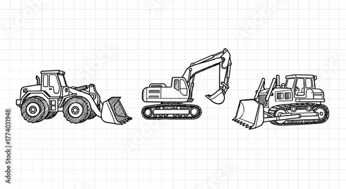 Sketch style construction vehicles set: loader, excavator, bulldozer on grid background