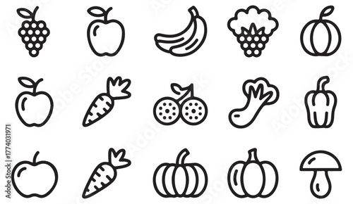 Hand-drawn healthy food icon collection featuring fruits, veggies, and farm produce for nutrition designs