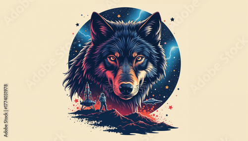 Cosmic wolf illustration with astronaut and spaceships on vibrant background