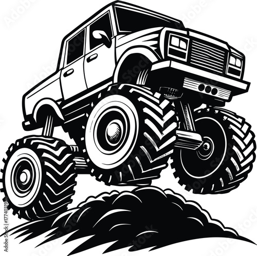 Monster truck airborne over dirt cloud black and white