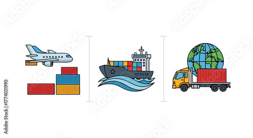 Global transportation icons featuring airplane, ship, and truck with cargo