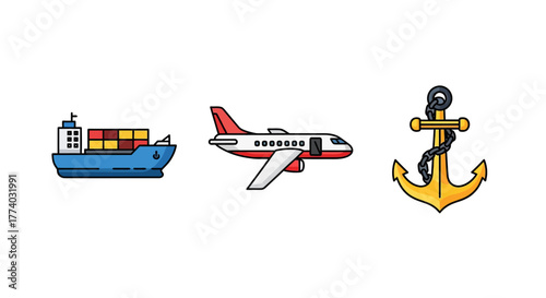 Transport icons featuring cargo ship, airplane, and anchor in flat design