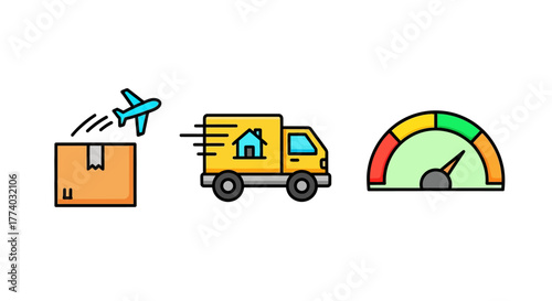 Express delivery icon set featuring airplane, truck, and speedometer symbols