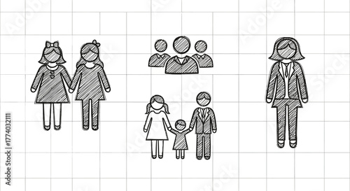 Hand drawn family and community concepts in sketch style on grid background