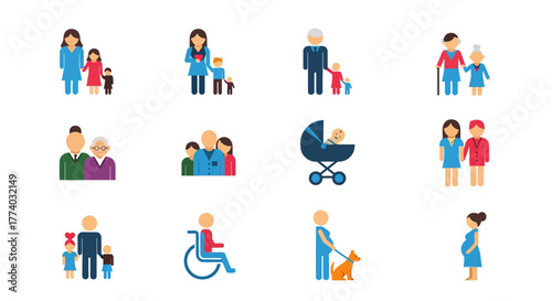 Family and relationships icons set: diverse group interactions and activities