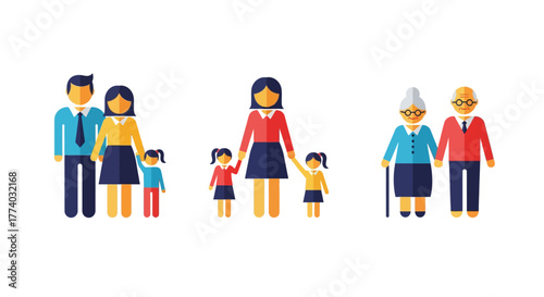 Multigenerational family icons in flat design style featuring diverse age groups