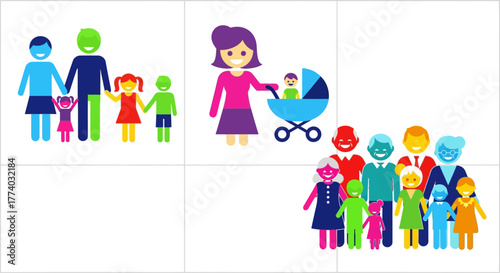 Colorful family icons: diverse cartoon characters in minimalist style for modern designs