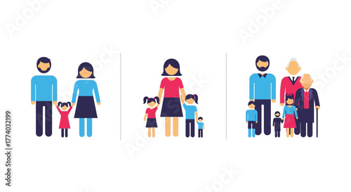 Flat style family icons: nuclear, single parent, multigenerational