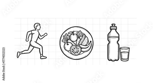 Healthy lifestyle symbols: running, balanced diet, hydration in linear style