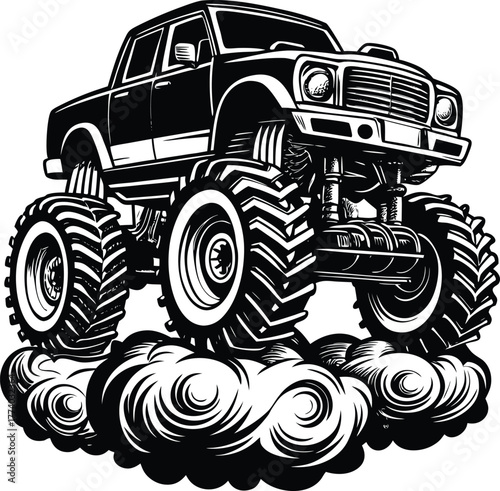 Monster truck suspended over stylized clouds in black and white