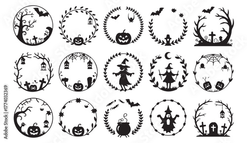 Black and white Halloween circle frames for spooky seasonal decor, greeting cards, and digital artwork