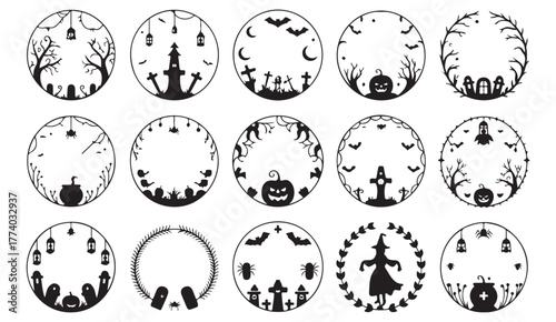 Scary and festive Halloween frame designs with ghosts, pumpkins, and bats in silhouette vector style