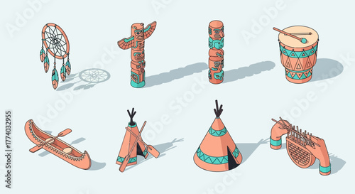 Indigenous cultural icons in modern retro style featuring canoe and dreamcatcher