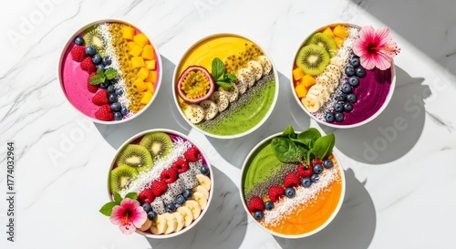 Wallpaper Mural A top view of five colorful smoothie bowls with various fruits and toppings on a marble surface Torontodigital.ca