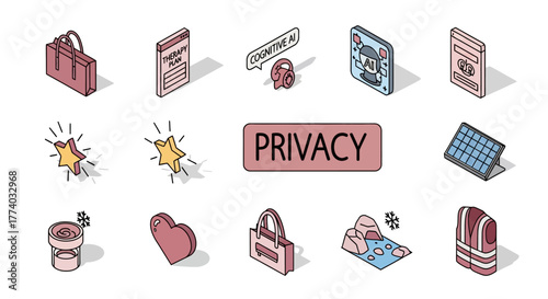 Privacy concept with technology and security icons in isometric style