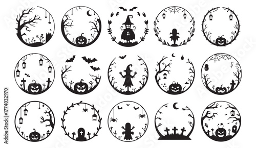 Hand-drawn Halloween wreath and circular decoration vector pack for holiday design and invitations
