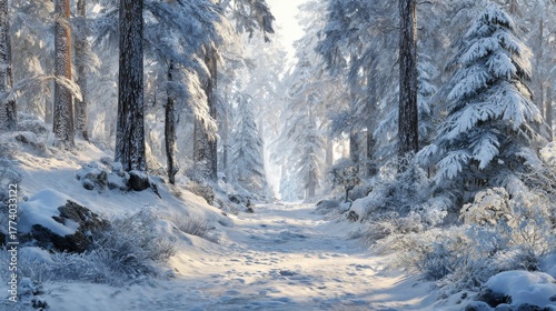 tranquil snowcovered forest path in winter wonderland