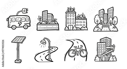 Eco-friendly urban design elements in hand-drawn style