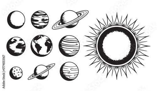 Minimalist solar system vector with planets and star patterns for astronomy and space art projects