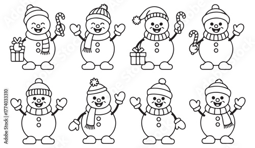 Adorable snowmen in various poses — perfect for winter, Christmas, and seasonal vector design projects
